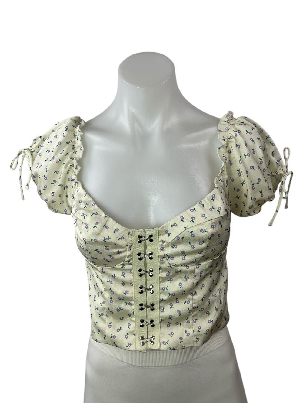 Princess Polly Yellow Floral Short Puff Sleeve Corset Bustier Hook Blouse Top 6